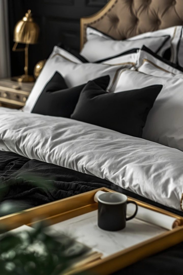 15. Choose White Bedding with Gold Trim Details