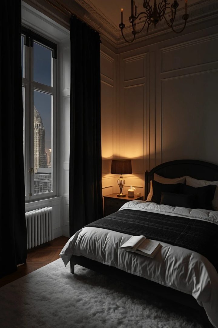 6. Use Black Curtains to Frame a Bright Bedroom