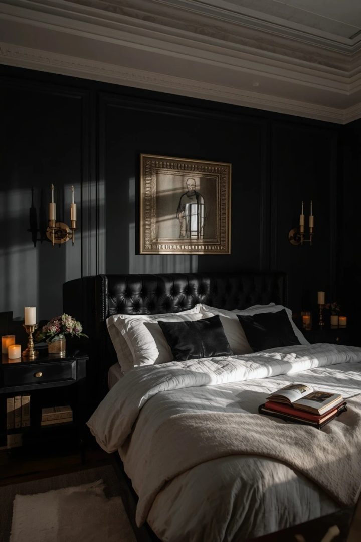 1. Start with a Black Feature Wall and White Bedding