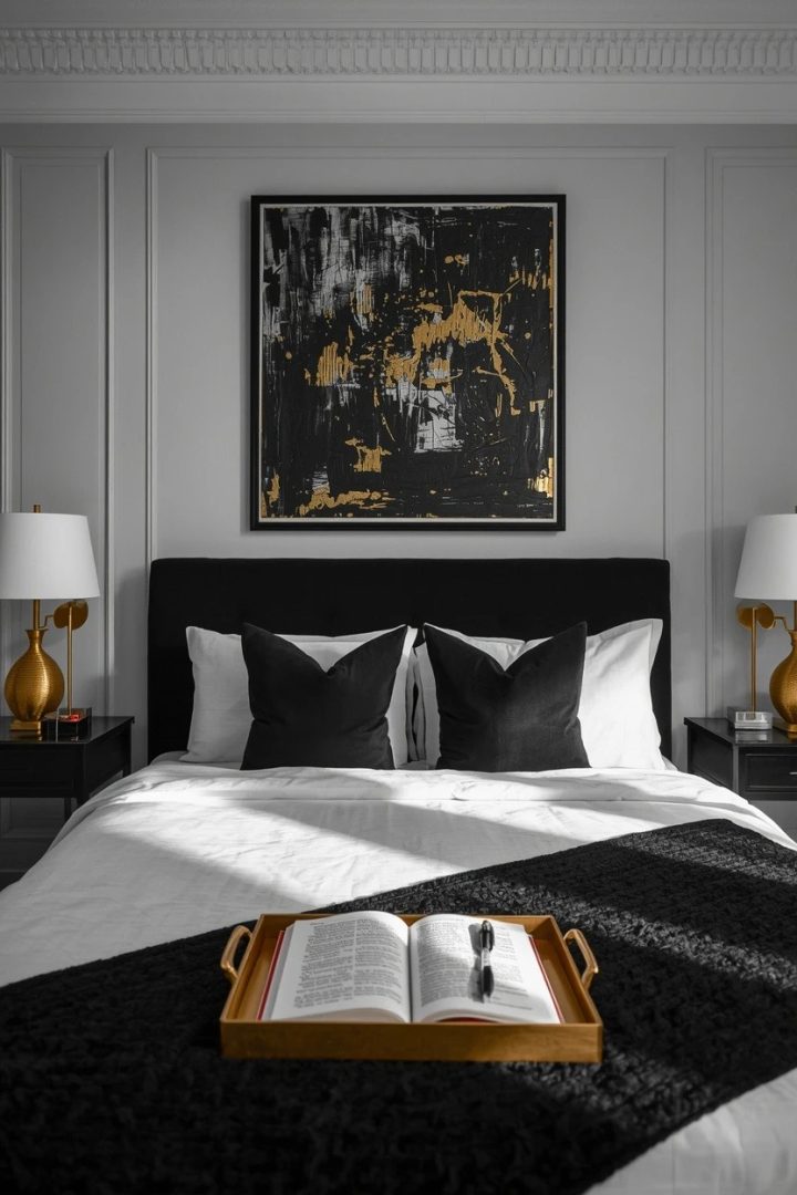 9. Try Black and Gold Wall Art Over the Bed