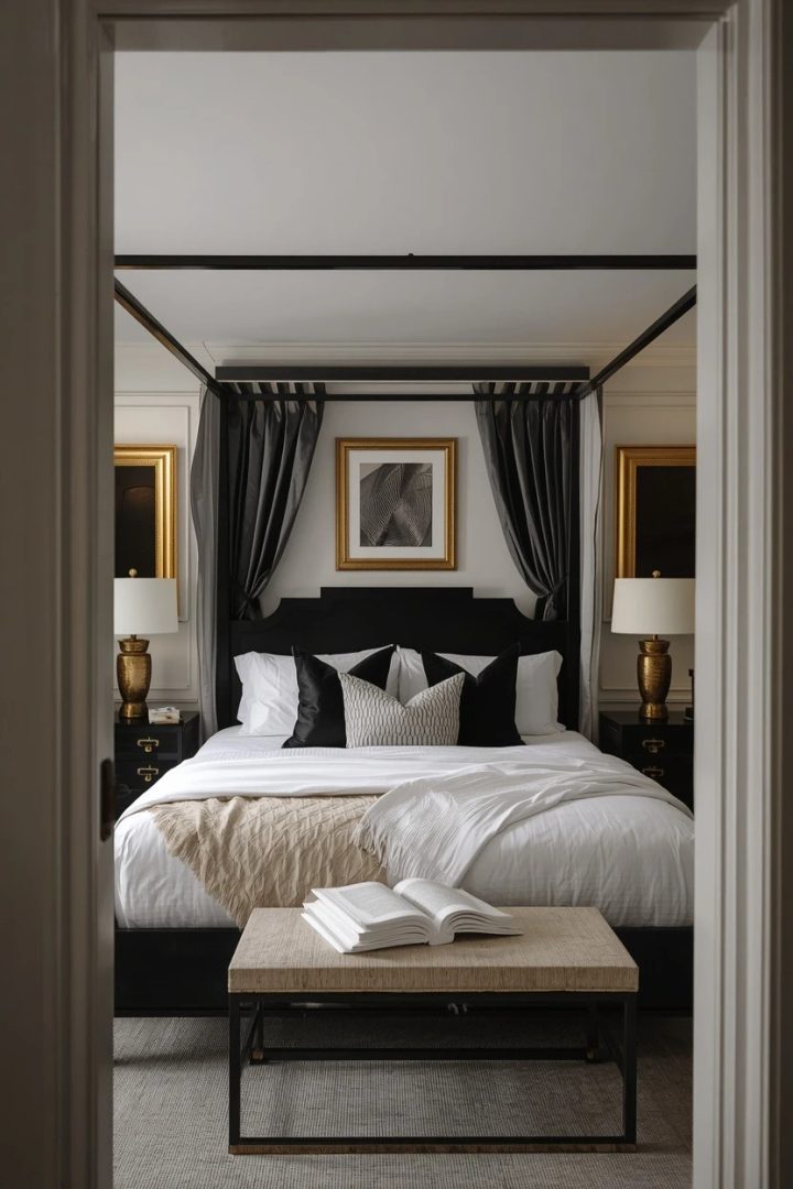 18. Try a Black Canopy Bed with White and Gold Layers