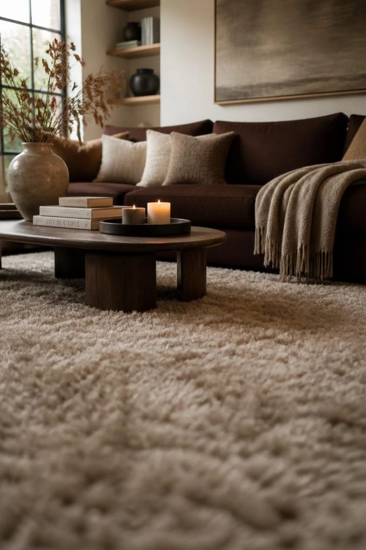 2. Pair the Brown Couch with a Soft Neutral Rug