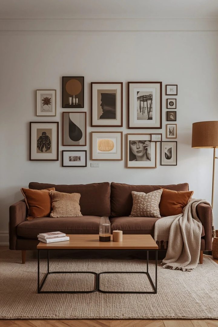 7. Try a Chocolate Brown Couch with a Gallery Wall