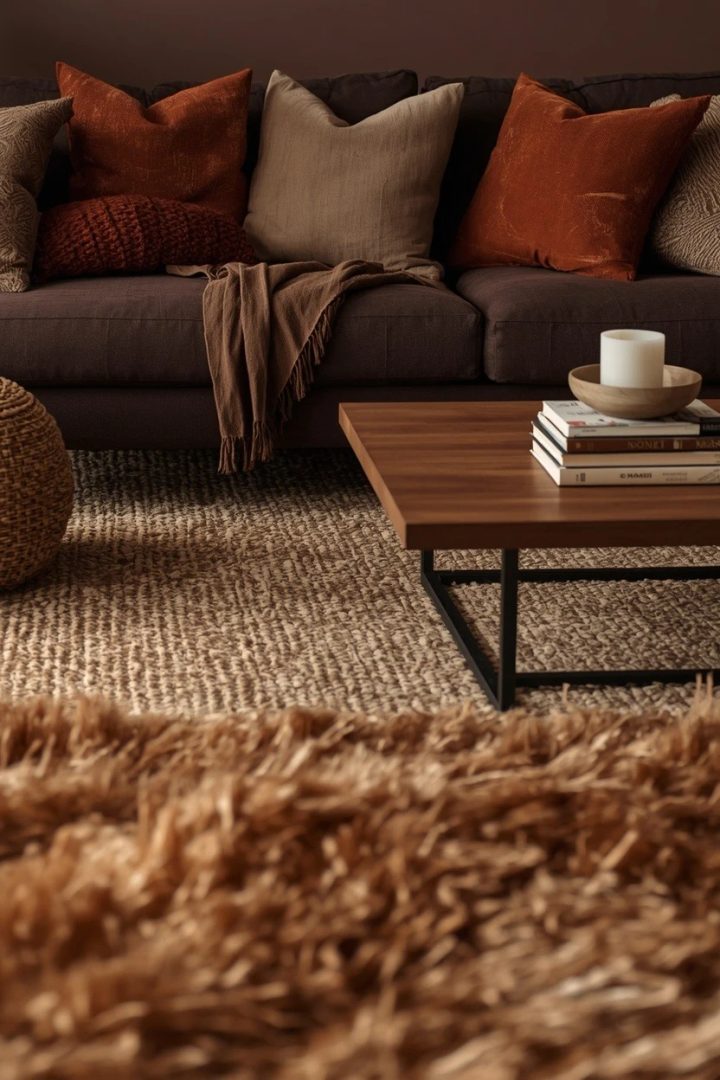 14. Add a Brown Rug for a Fully Layered Look