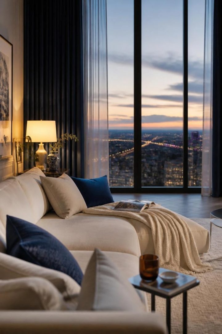4. Frame the Room with Blue Curtains