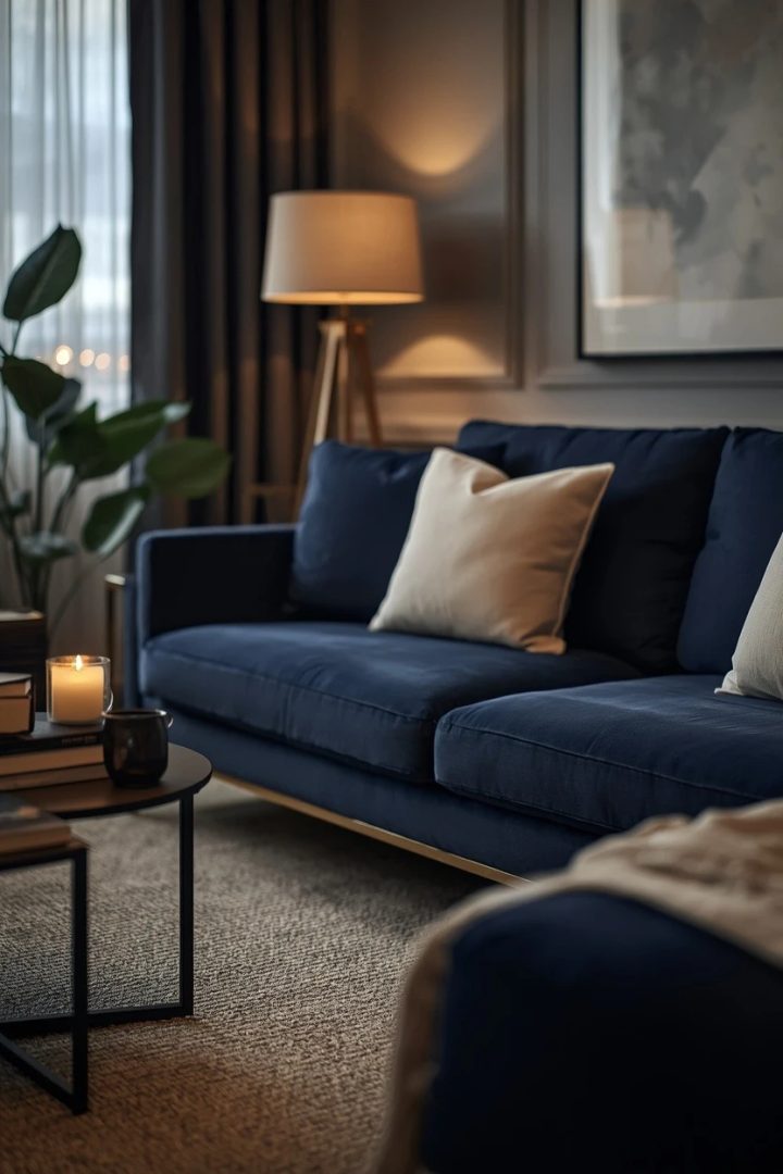 1. Use a Navy Sofa with Cream Layers