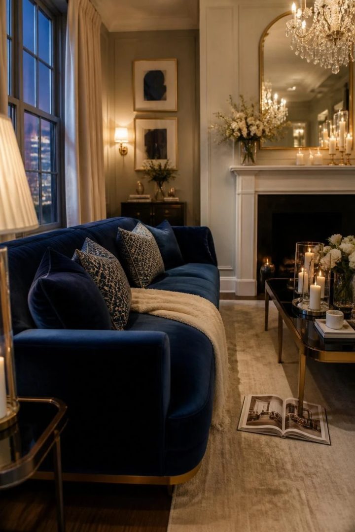 12. Try Cream Walls with a Blue Velvet Sofa