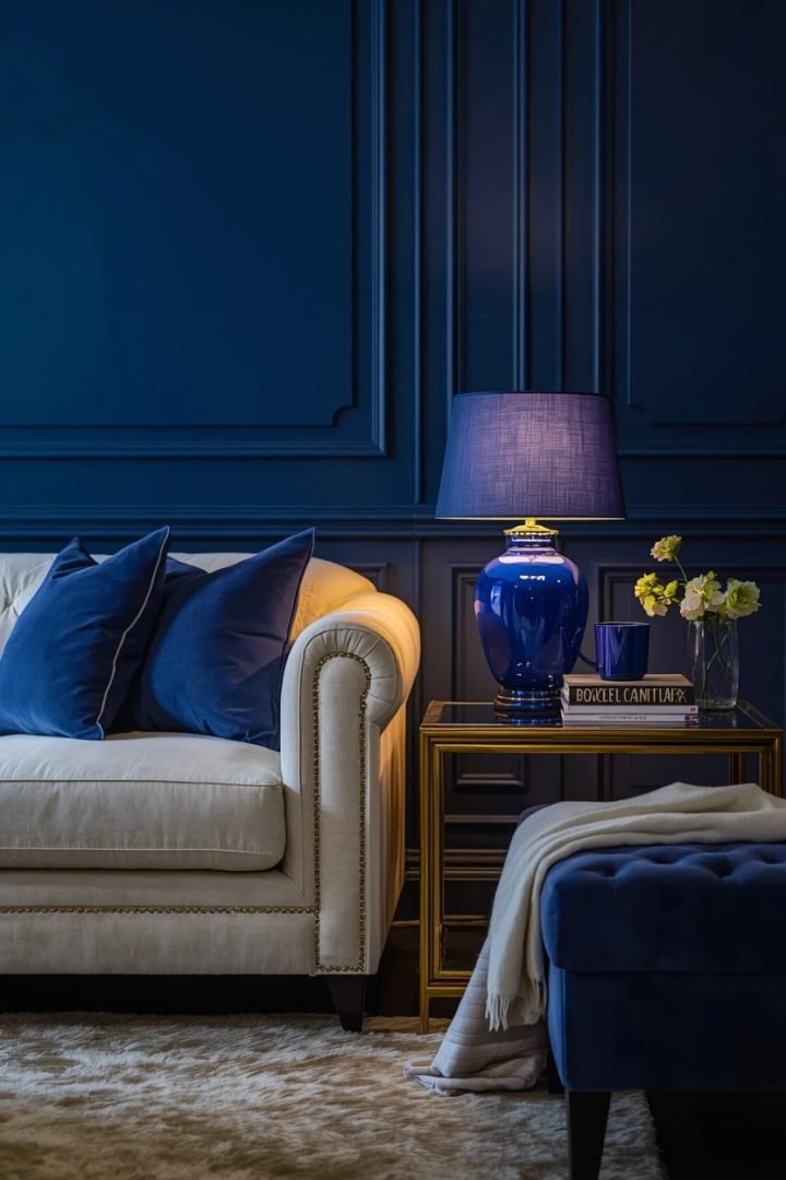 22. Add Blue Lamps for a Polished Cream Room