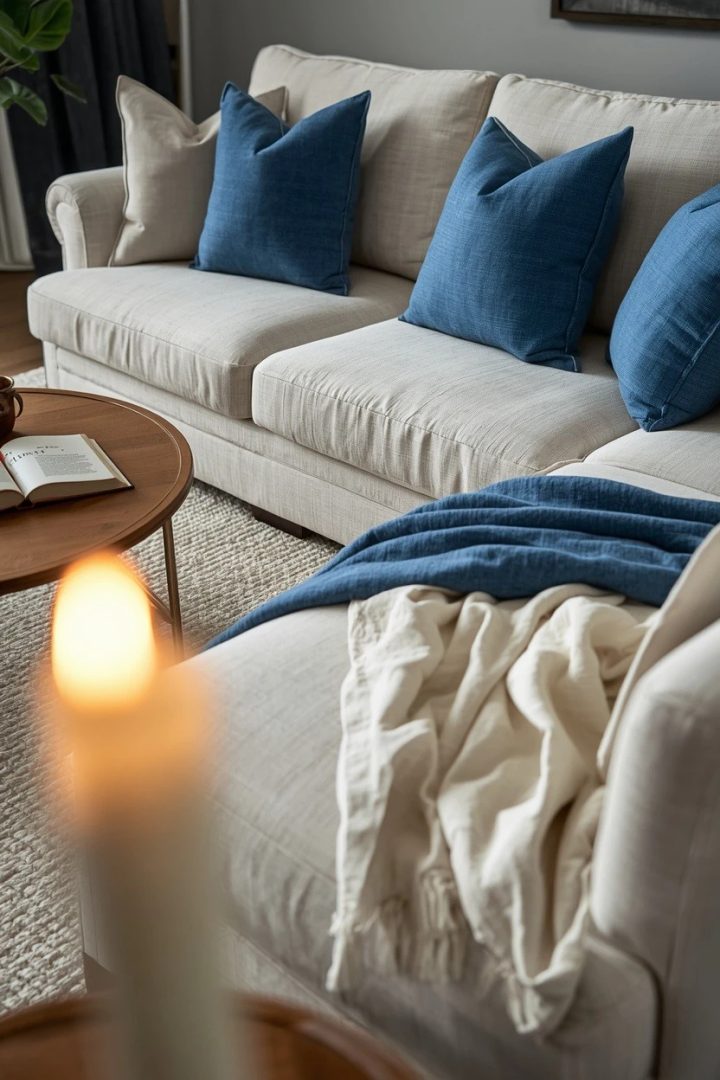7. Layer Blue Pillows on a Cream Sectional