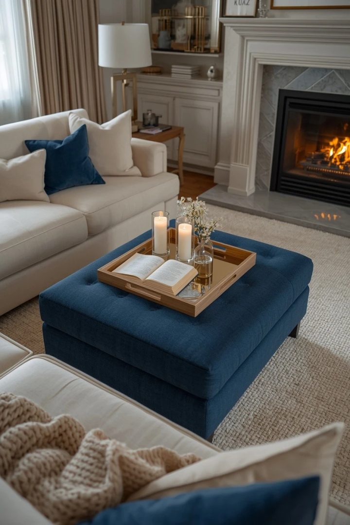 15. Add a Blue Ottoman to a Cream Seating Area
