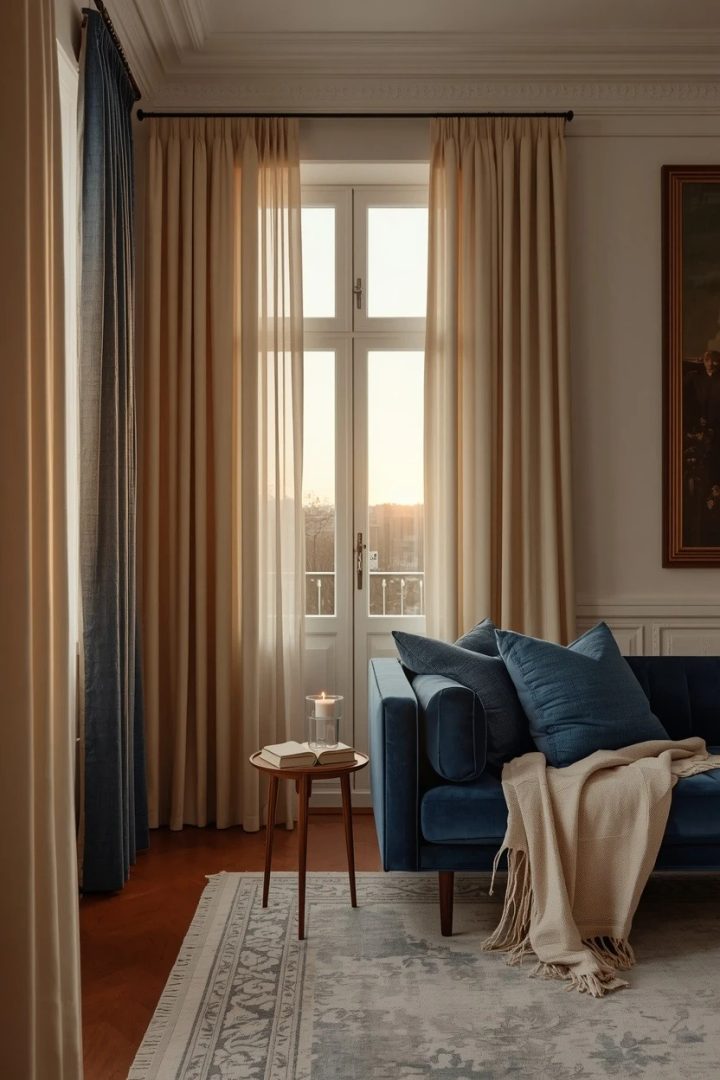 17. Use Cream Curtains with Blue Furniture
