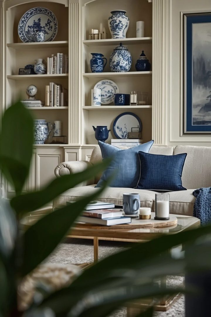 18. Mix Blue and Cream Through Shelves and Accessories