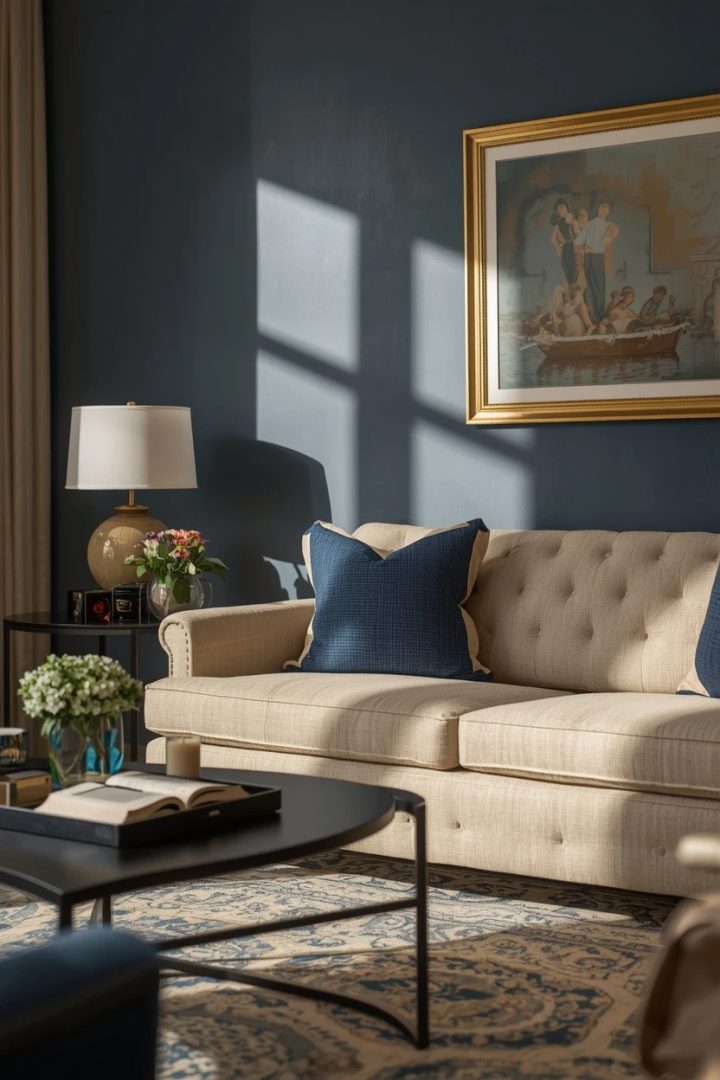19. Add a Blue Accent Wall Behind Cream Seating