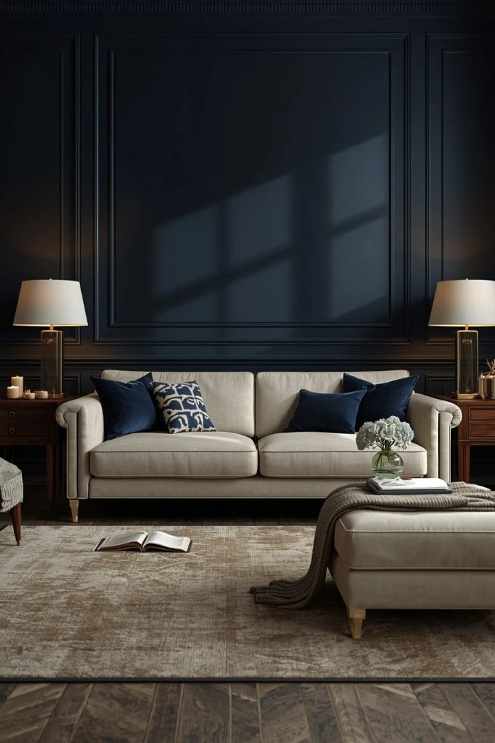 11. Go Moody with Dark Blue Walls and Cream Seating