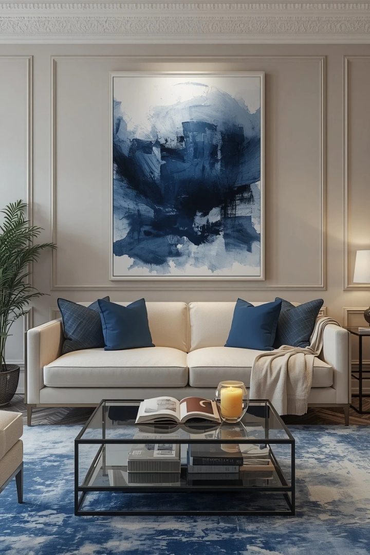 6. Use Blue Wall Art Over a Cream Sofa