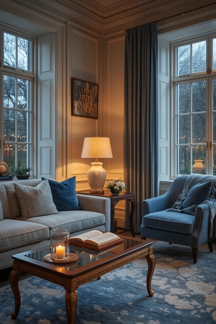 13. Blue and Cream Living Room Ideas with Layered Lighting