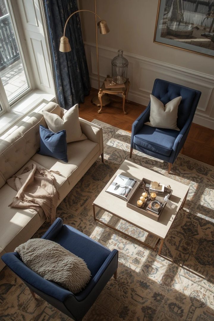 2. Try Cream Sofas with Deep Blue Accent Chairs