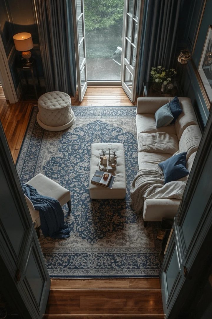 3. Blue and Cream Living Room Ideas with a Patterned Rug