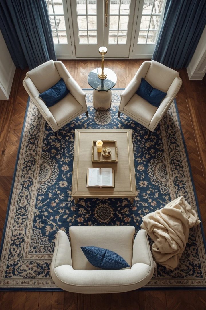 21. Use a Blue Rug Under Cream Furniture