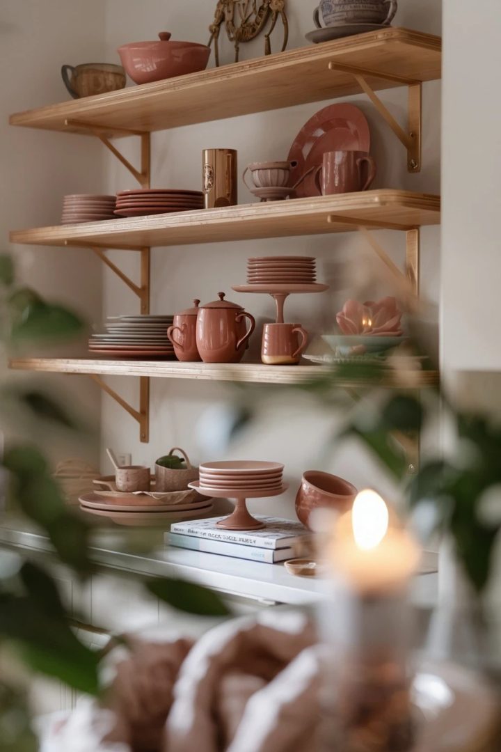 5. Create a Display Shelf with Dusty Rose Dishes and Champagne Gold Rails