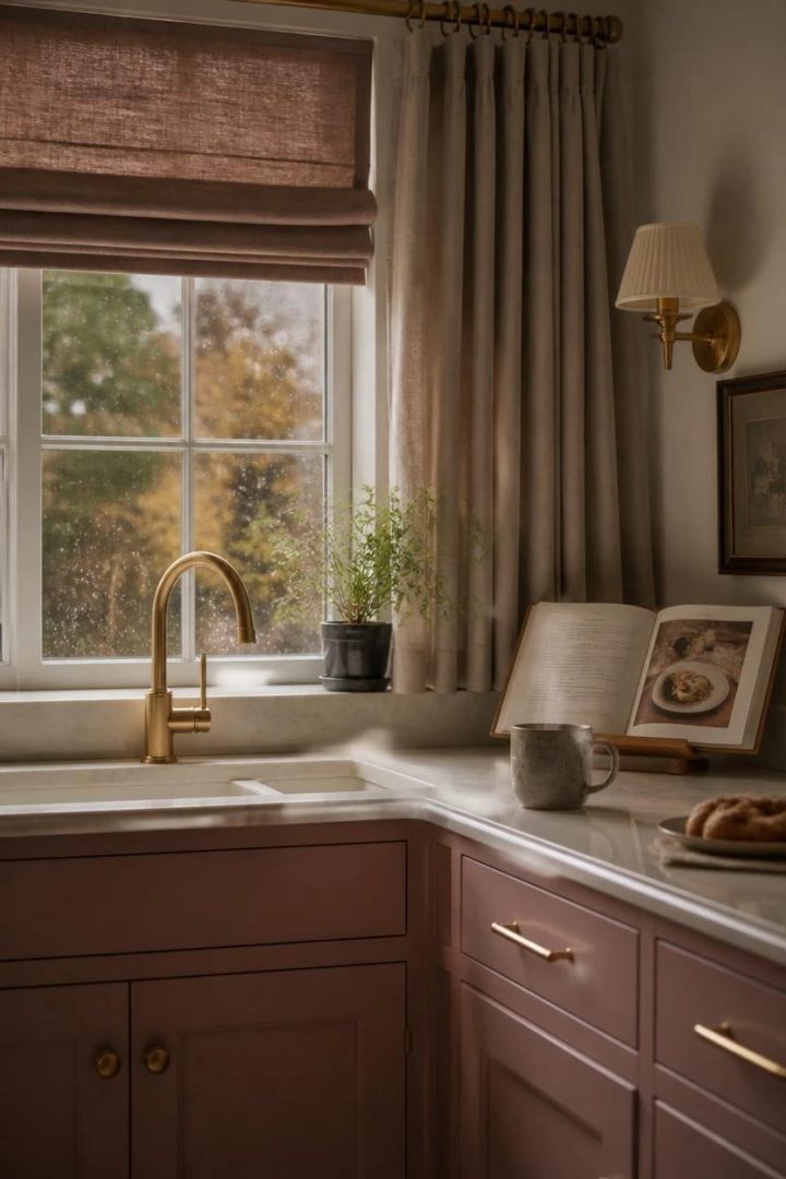 17. Use Dusty Rose Window Treatments with Champagne Gold Hardware