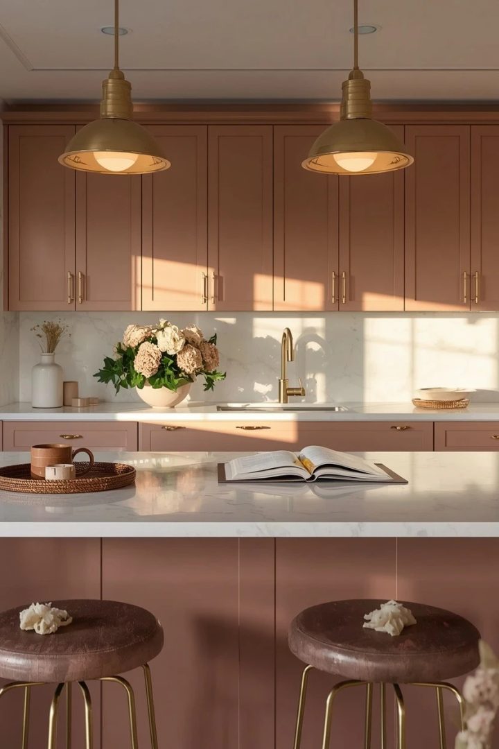1. Begin with Dusty Rose Cabinets and Champagne Gold Hardware