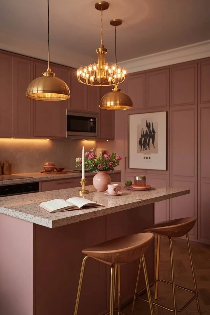 4. Try Champagne Gold Pendant Lights Over a Dusty Rose Island