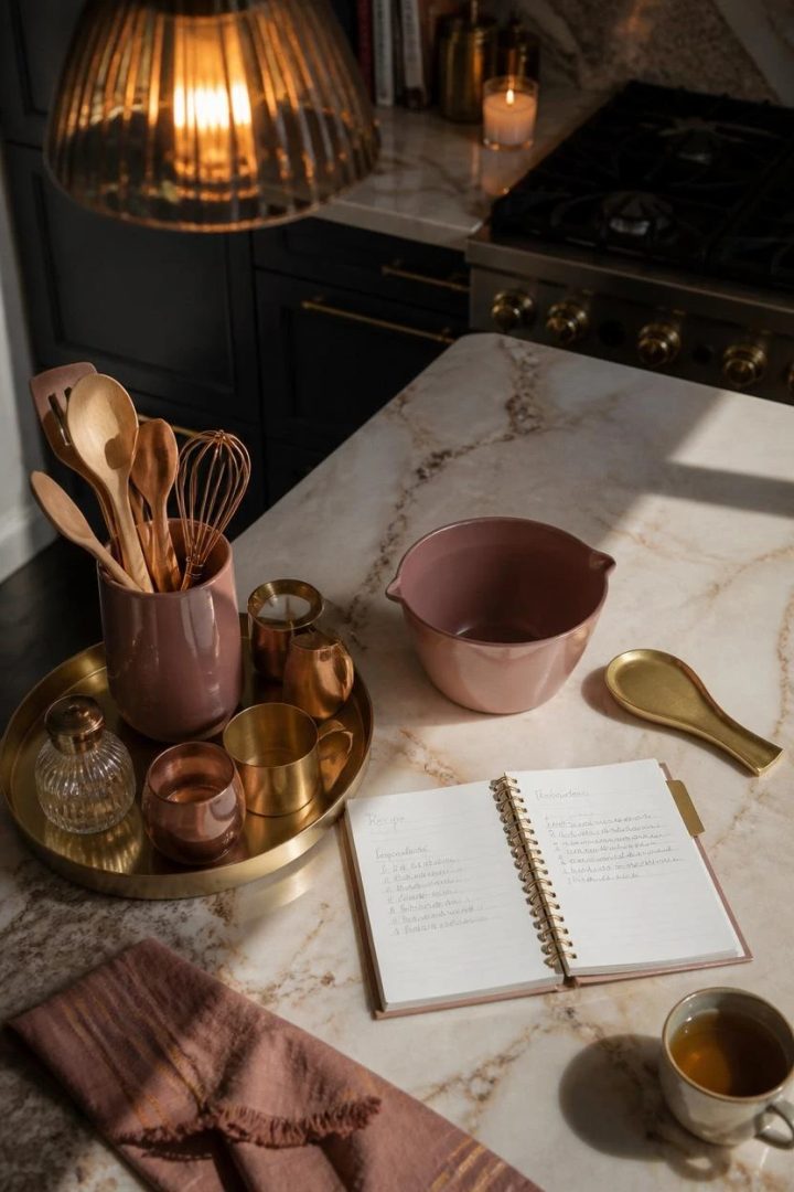 8. Style the Countertop with Dusty Rose and Champagne Gold Details