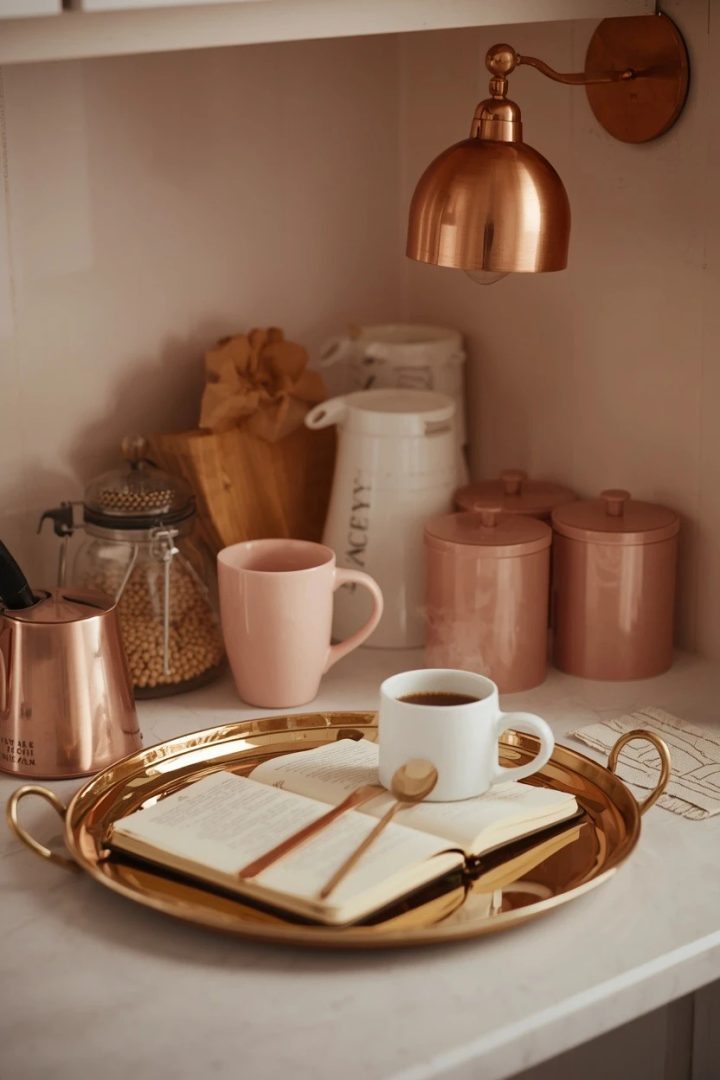 11. Create a Romantic Coffee Station with Champagne Gold Accents