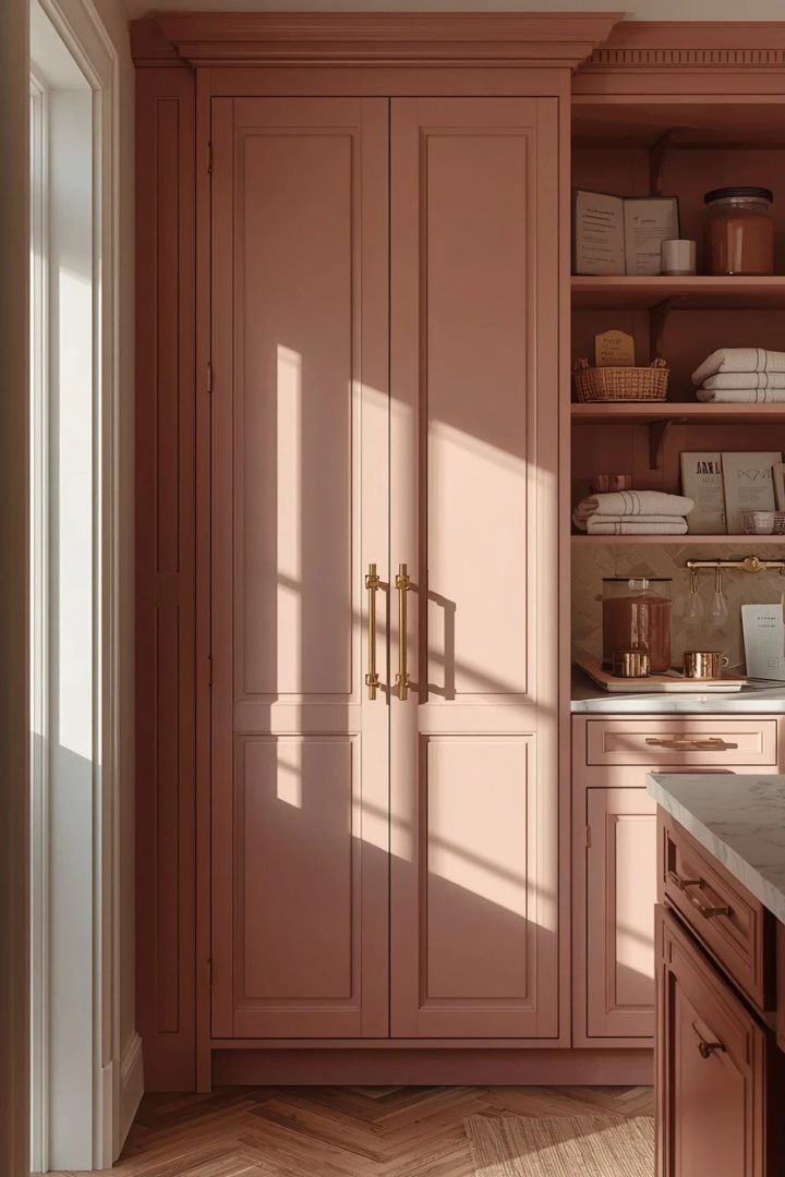 12. Try Dusty Rose Pantry Doors with Champagne Gold Pulls