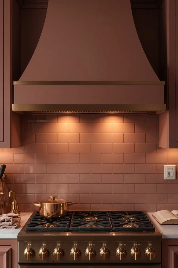 13. Add a Dusty Rose Range Hood with Champagne Gold Trim
