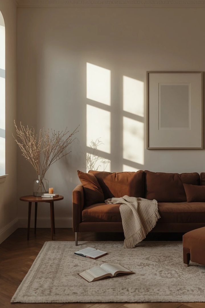 4. Choose Ivory Walls for a Rich Chocolate Brown Couch