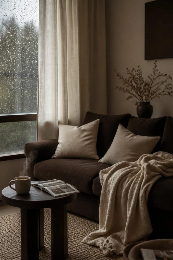 2. Use Ivory Curtains to Lift a Brown Living Room