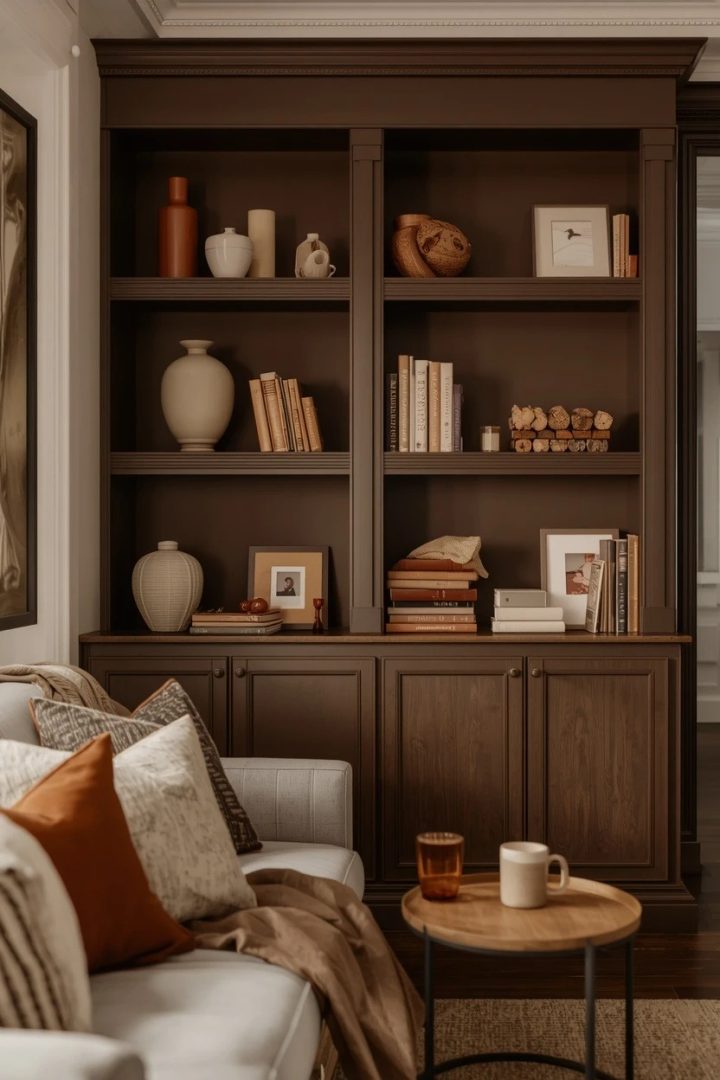 9. Style Chocolate Brown Shelves with Ivory Decor