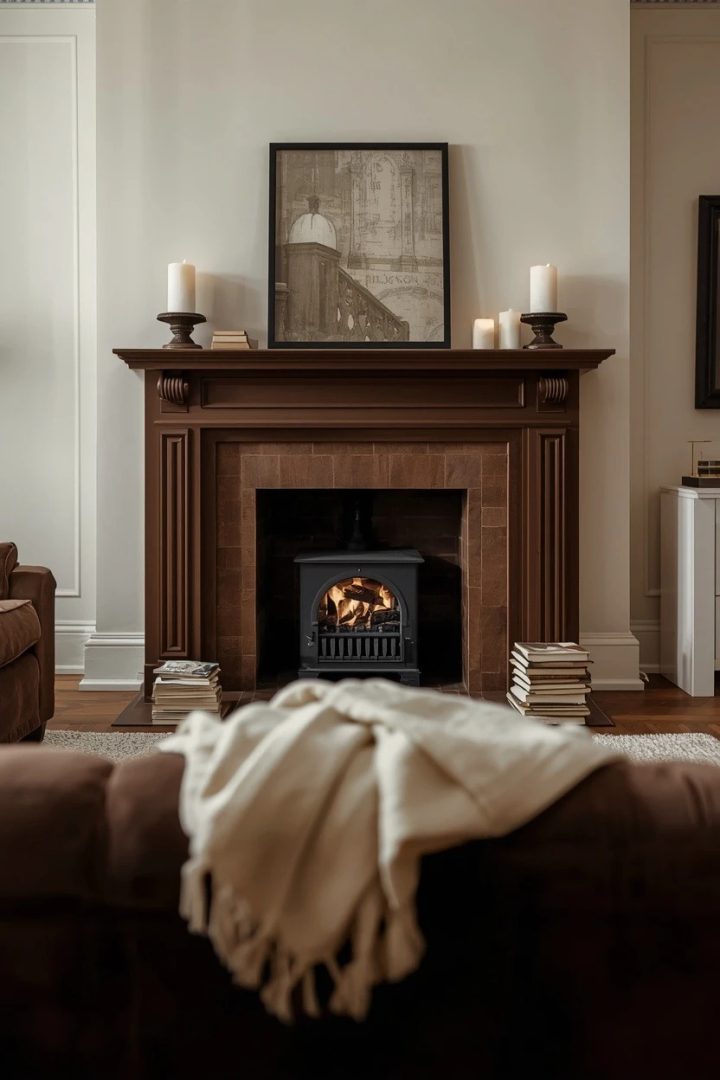 11. Make the Fireplace Wall Feel Cozy with Brown and Ivory