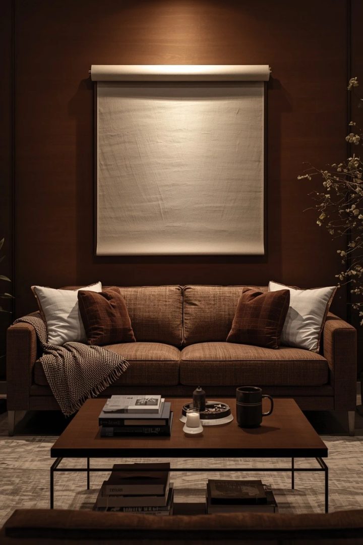 12. Create Contrast with Ivory Art Above a Brown Sofa