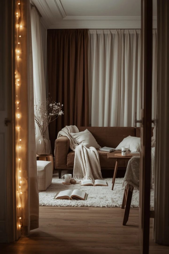 14. Mix Ivory Textures to Soften a Brown Room