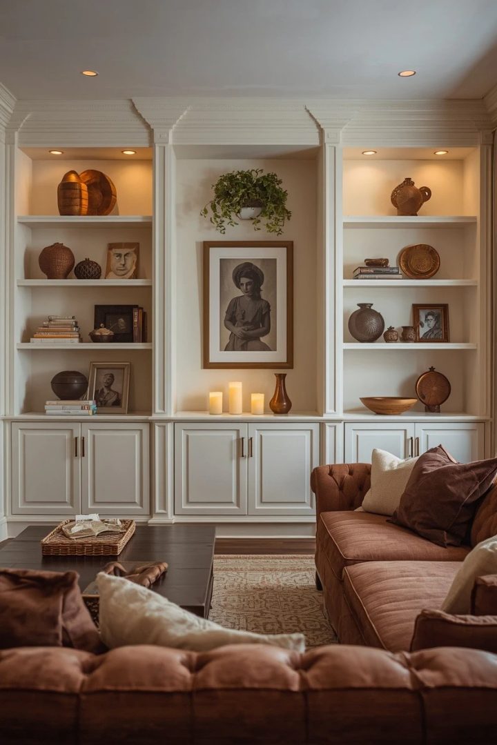 15. Use Ivory Built-Ins Around Chocolate Brown Decor