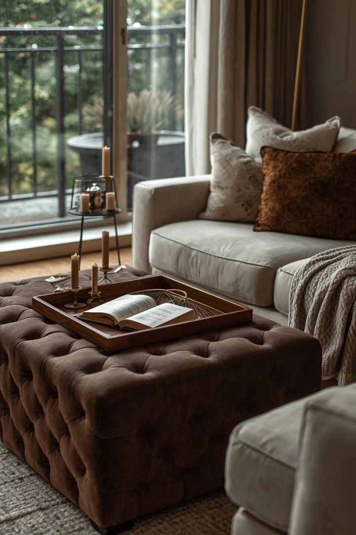 13. Use a Chocolate Brown Ottoman for Everyday Comfort