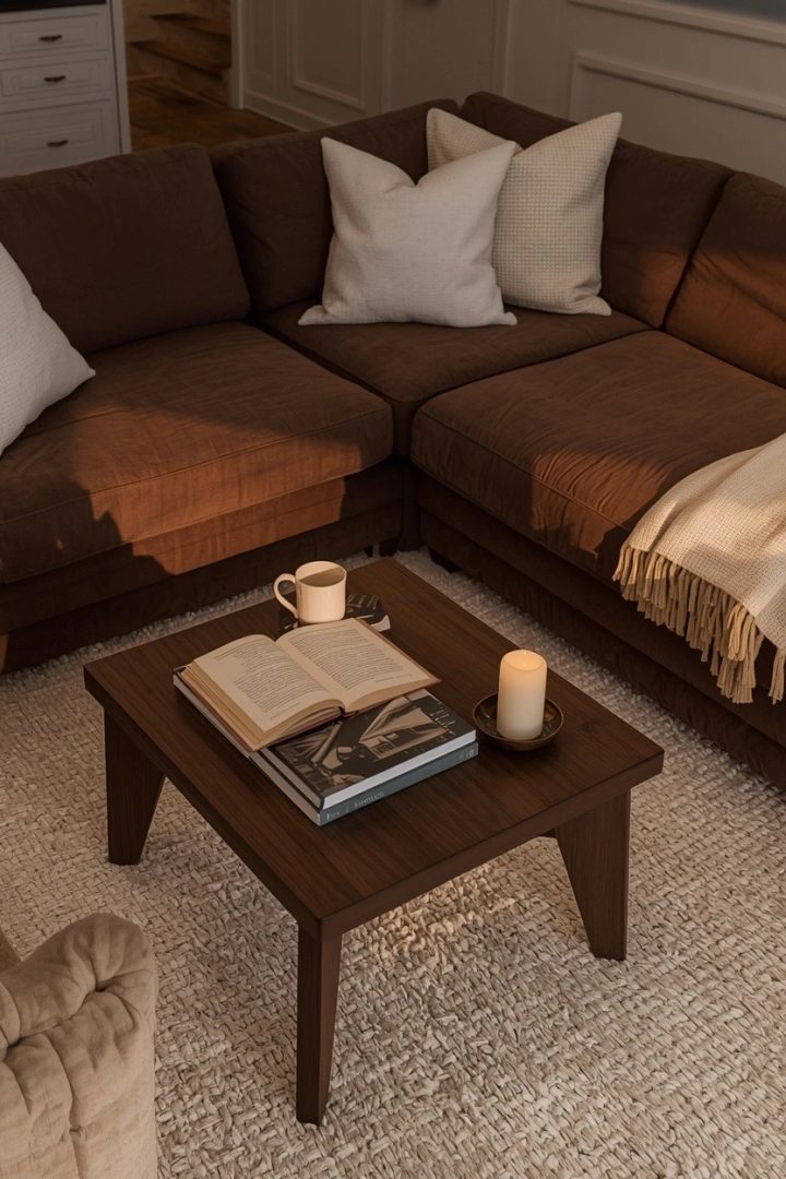 1. Start with a Chocolate Brown Sofa and Ivory Rug