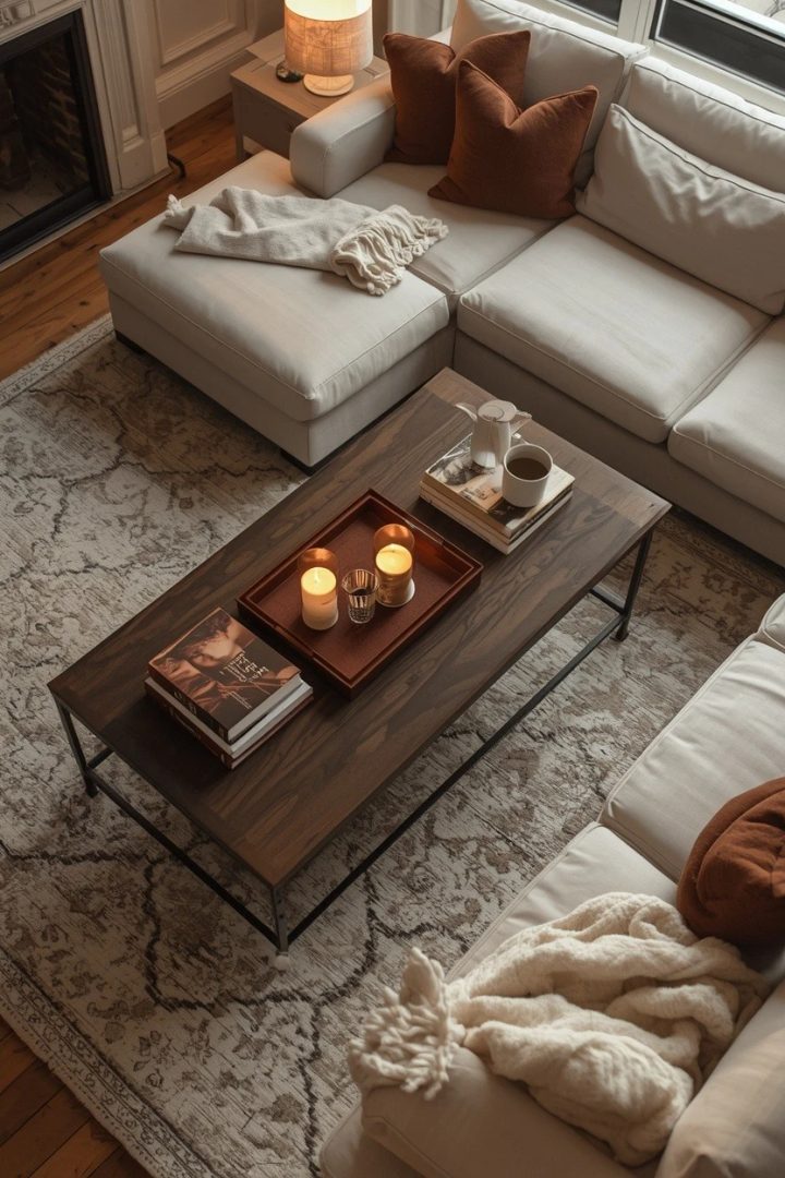 5. Add a Chocolate Brown Coffee Table to an Ivory Seating Area