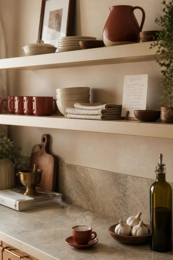 3. Try 20 Rust and Cream Kitchen Ideas Starting with Open Shelves