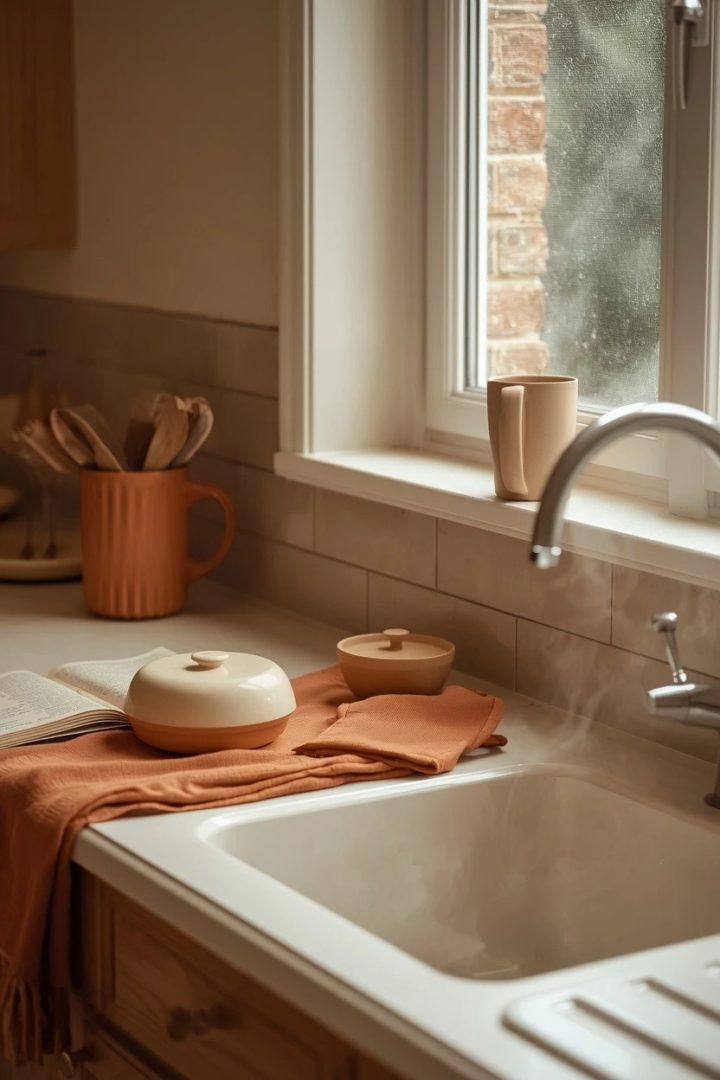 5. Style Cream Counters with Rust Kitchen Linens