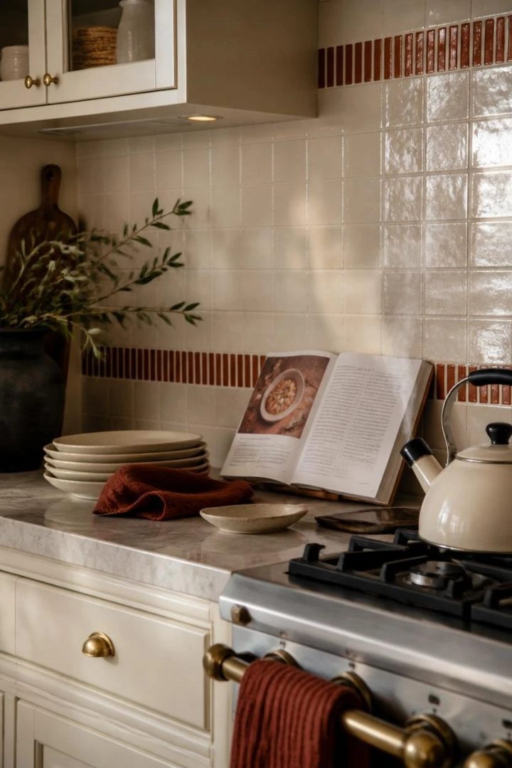 10. Pair Cream Tile with Rust Grout or Accent Lines