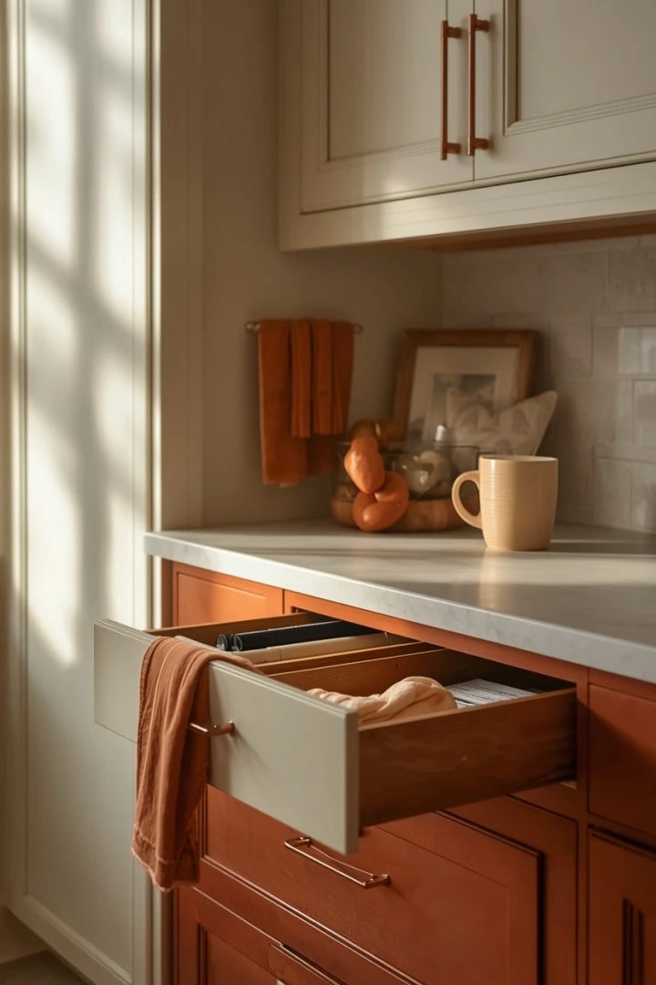 6. Use Rust Cabinet Pulls with Cream Cabinet Doors