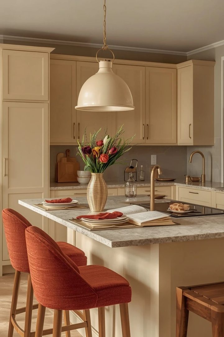 4. Choose Rust Bar Stools for a Cream Island