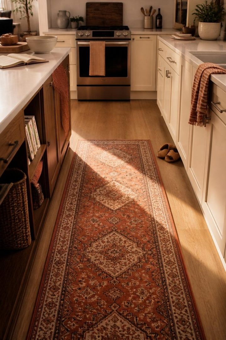 2. Add a Rust Runner Rug to a Cream Kitchen