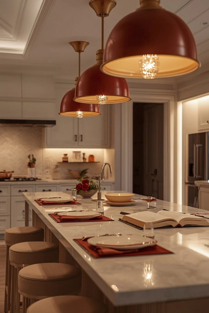 12. Add Rust Pendant Lighting Over a Cream Island