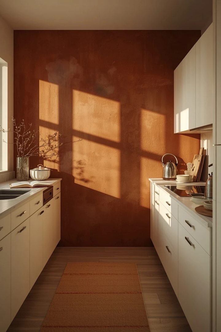 7. Add a Rust Feature Wall Behind Cream Cabinets