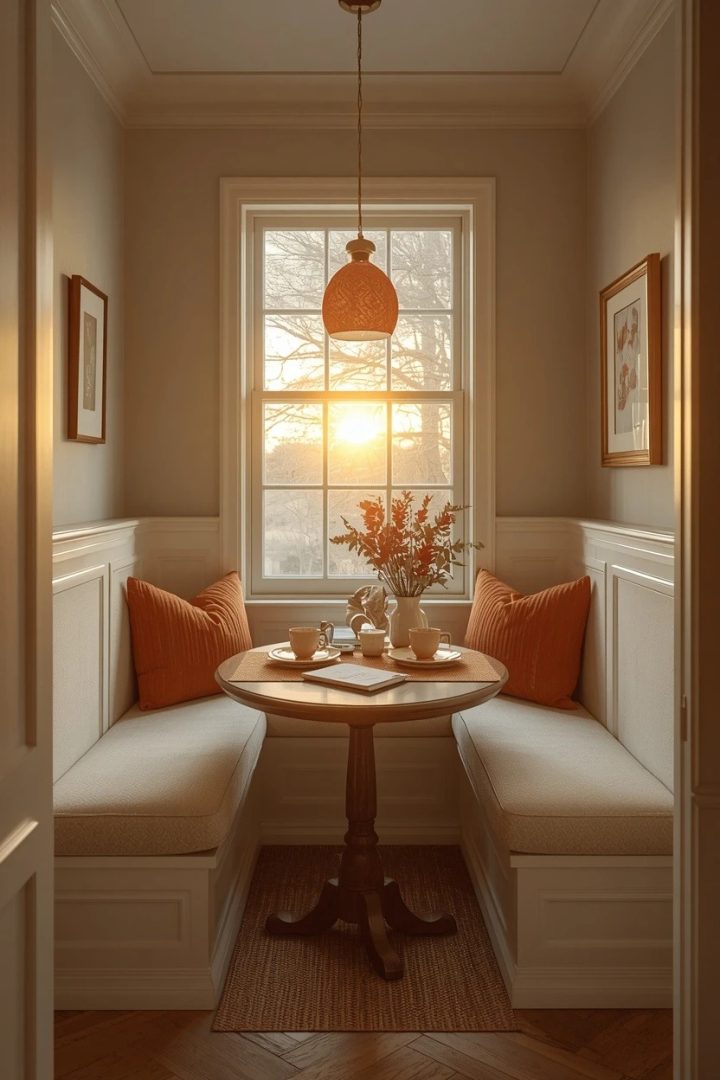8. Create a Cream Breakfast Nook with Rust Cushions